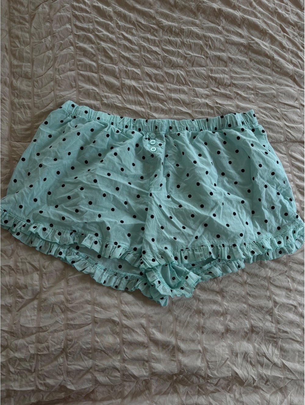 Light Blue Polka Dot Women's Pajama Shorts with Ruffle Trim